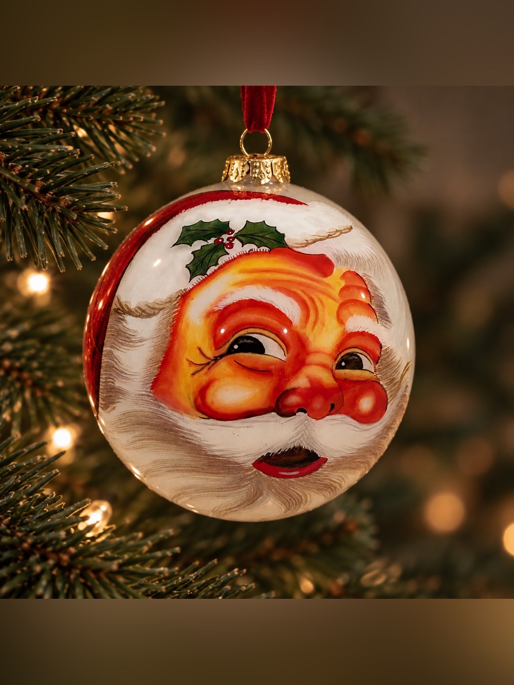 Vintage Glass Ball Christmas Ornament Santa Rosie Cheeks Holly Berries Signed